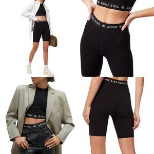 New Anine Bing Carly Black Bike Shorts S Repeating White Logo Streetwear Sporty